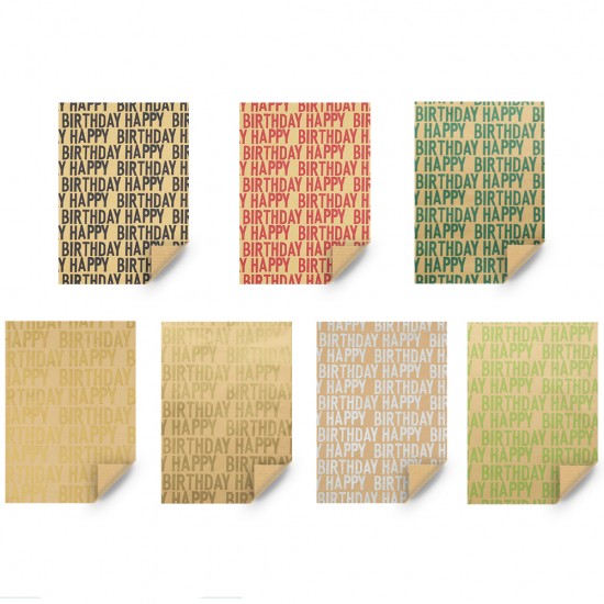 HAPPY BIRTHDAY WRAPPING PAPER feature classy "Happy Birthday" lettering design with plain brown kraft paper on the reverse available in 7 different trendy colors HAPPY BIRTHDAY WRAPPING PAPER feature classy "Happy Birthday" lettering design with plain brown kraft paper on the reverse available in 7 different trendy colors