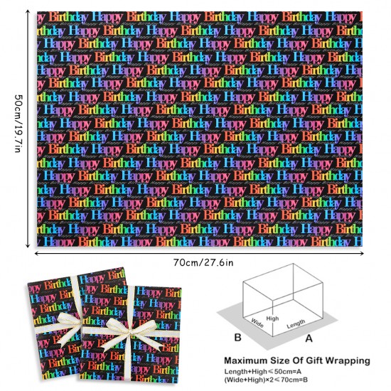 Special Birthday Design: This wrapping paper set comes with one beautiful design-"Happy Birthday" letters in gradient color printed on black art paper, which definitely brings you a strong visual impact and impressed you. Special Birthday Design: This wrapping paper set comes with one beautiful design-"Happy Birthday" letters in gradient color printed on black art paper, which definitely brings you a strong visual impact and impressed you.