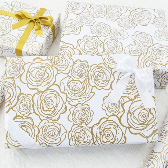 Elegant Design: Our wrapping paper features elegant golden rose designs, white-toned wrapping paper symbolizes purity and nobility, easily elevate any gift and brighten celebrations year round. Elegant Design: Our wrapping paper features elegant golden rose designs, white-toned wrapping paper symbolizes purity and nobility, easily elevate any gift and brighten celebrations year round.